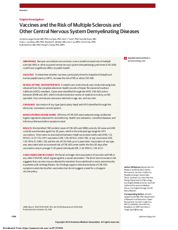 (PDF) Vaccines and the Risk of Multiple Sclerosis and Other Central ...