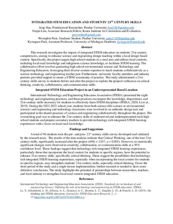 (PDF) Integrated STEM Education and Students' 21st Century Skills