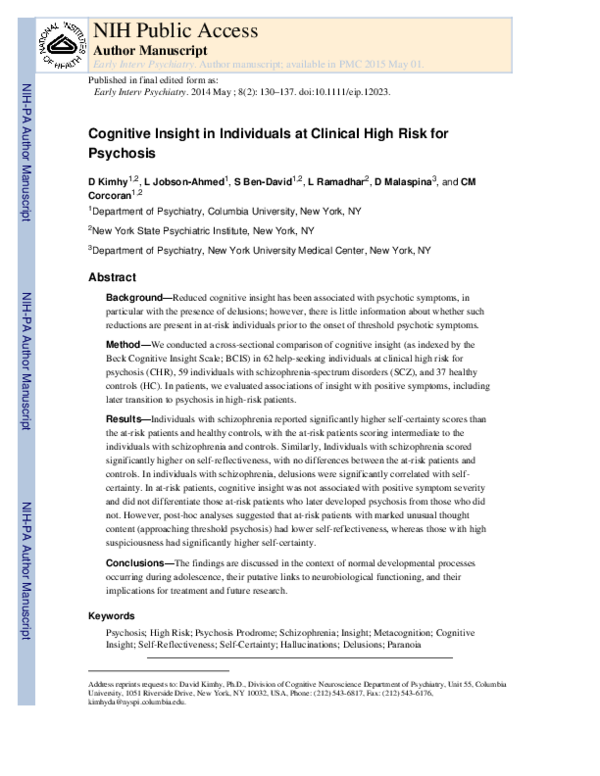 (PDF) Cognitive insight in individuals at clinical high risk for psychosis