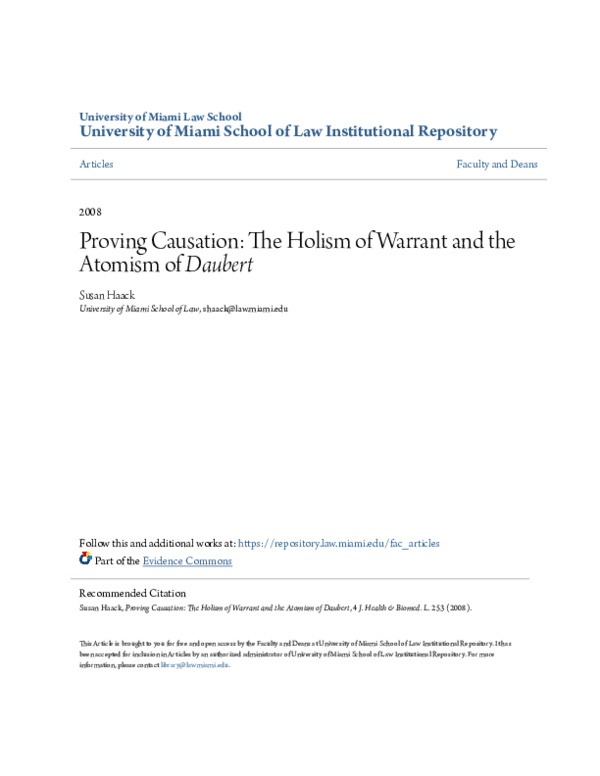 (PDF) Proving Causation: The Holism of Warrant and the Atomism of Daubert