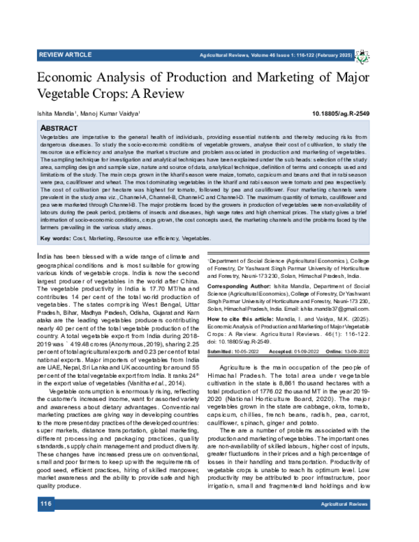 (PDF) Economic Analysis of Production and Marketing of Major Vegetable ...