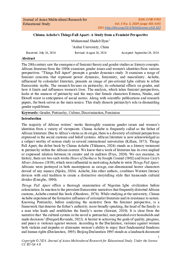 (PDF) Chinua Achebe's Things Fall Apart: A Study from a Feminist ...
