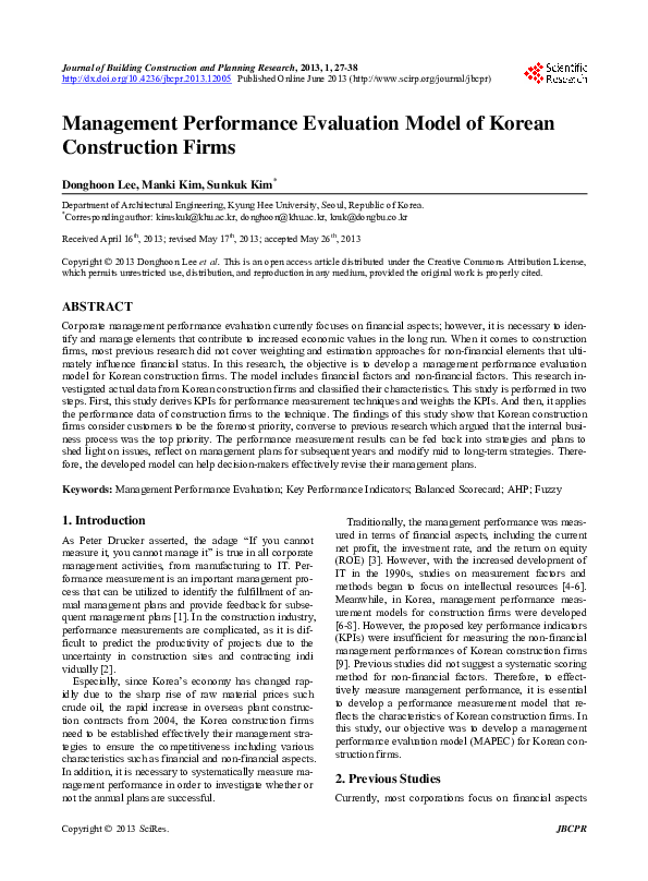 (PDF) Management Performance Evaluation Model of Korean Construction Firms