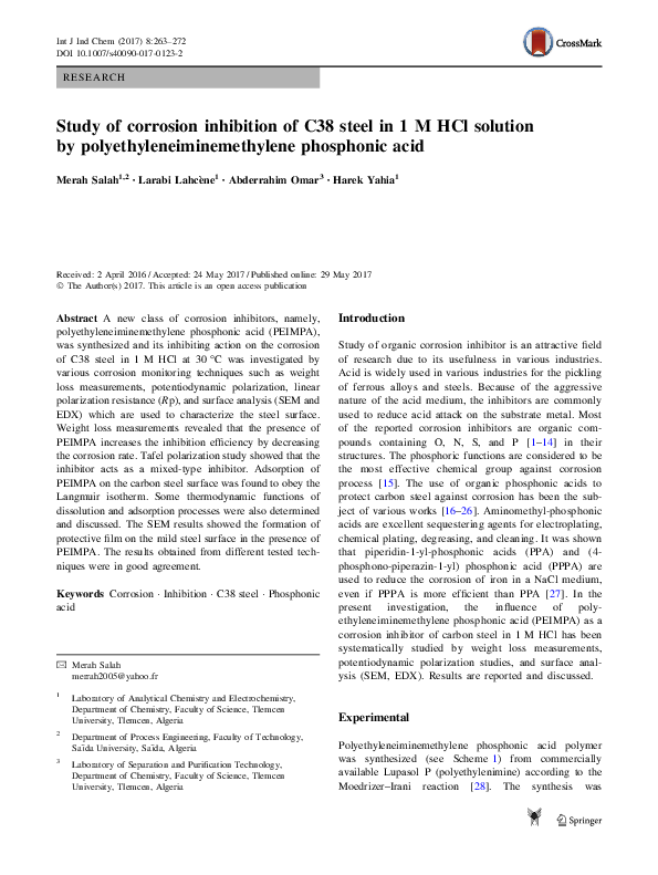 (PDF) Study of corrosion inhibition of C38 steel in 1 M HCl solution by ...
