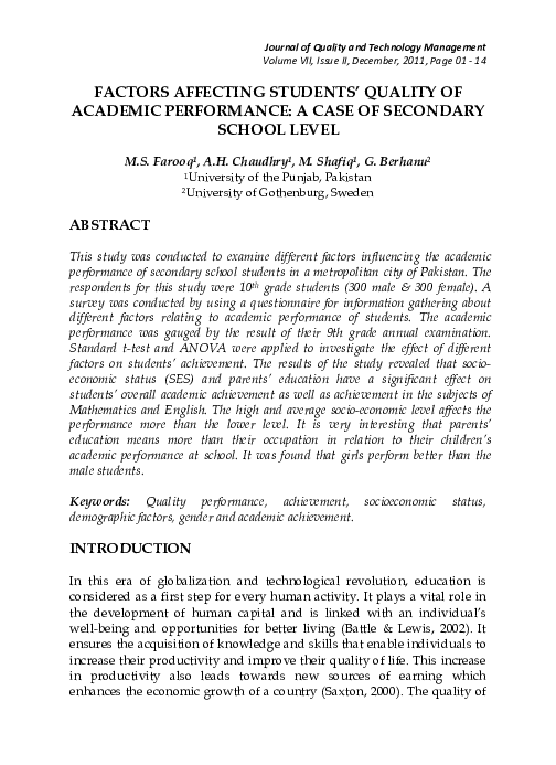 (PDF) Factors Affecting Students'Quality of Academic Performance: A ...