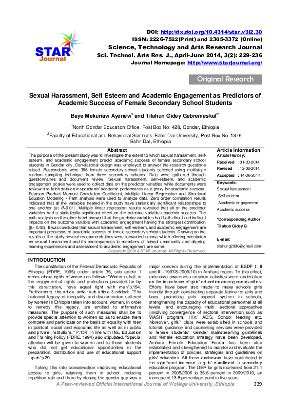 (PDF) Sexual Harassment, Self Esteem and Academic Engagement as ...