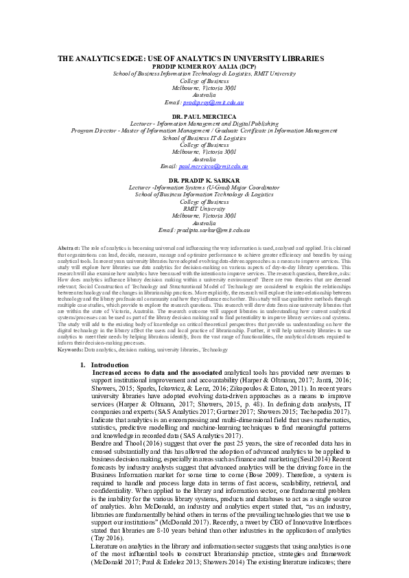 (PDF) The Analytics Edge: Use of Analytics in University Libraries