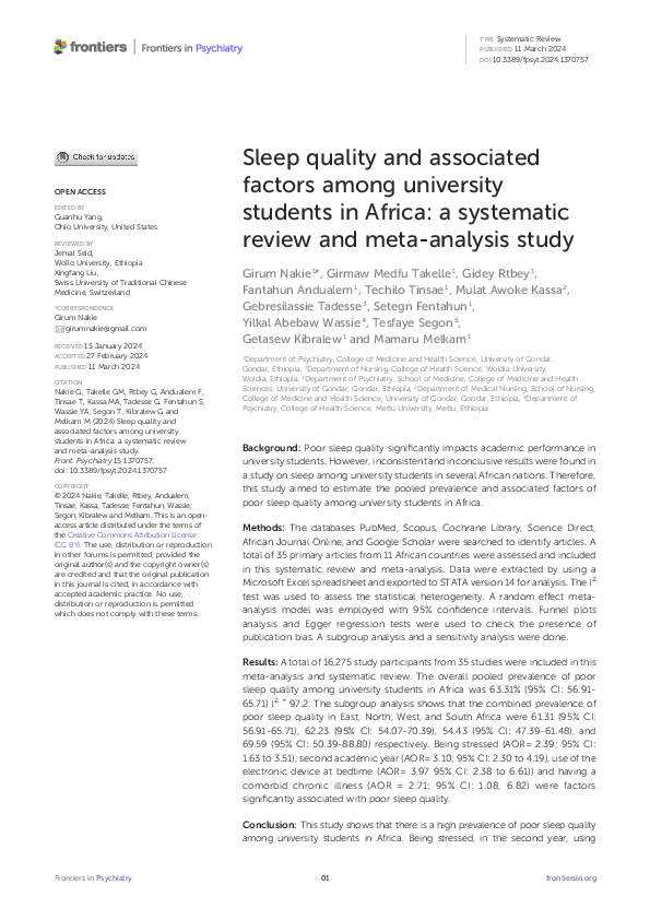 (PDF) Sleep quality and associated factors among university students in ...