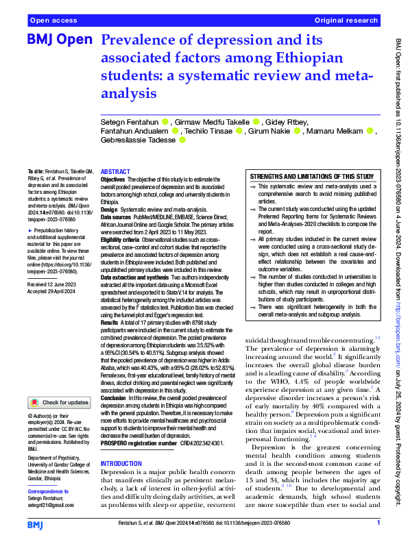 (PDF) Prevalence of depression and its associated factors among ...