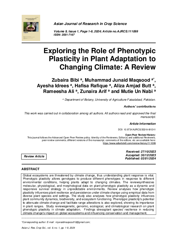 (PDF) Exploring the Role of Phenotypic Plasticity in Plant Adaptation ...