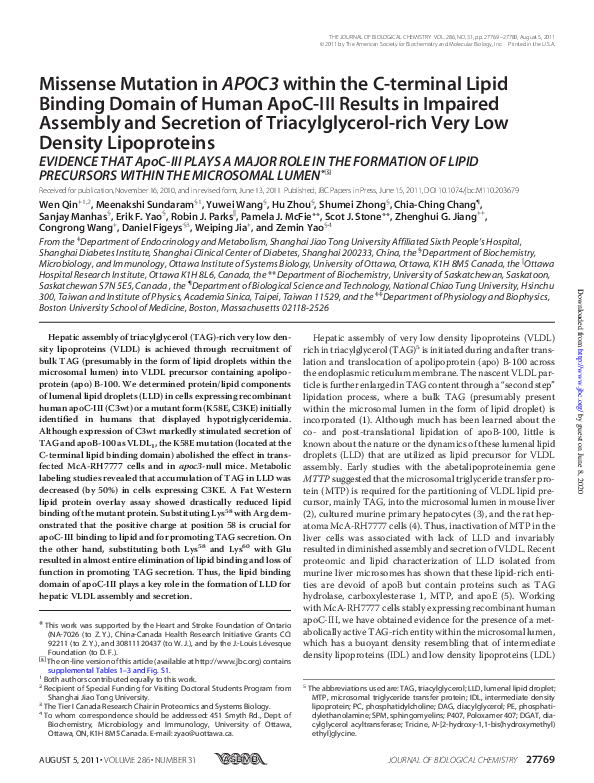 (PDF) Missense Mutation in APOC3 within the C-terminal Lipid Binding ...