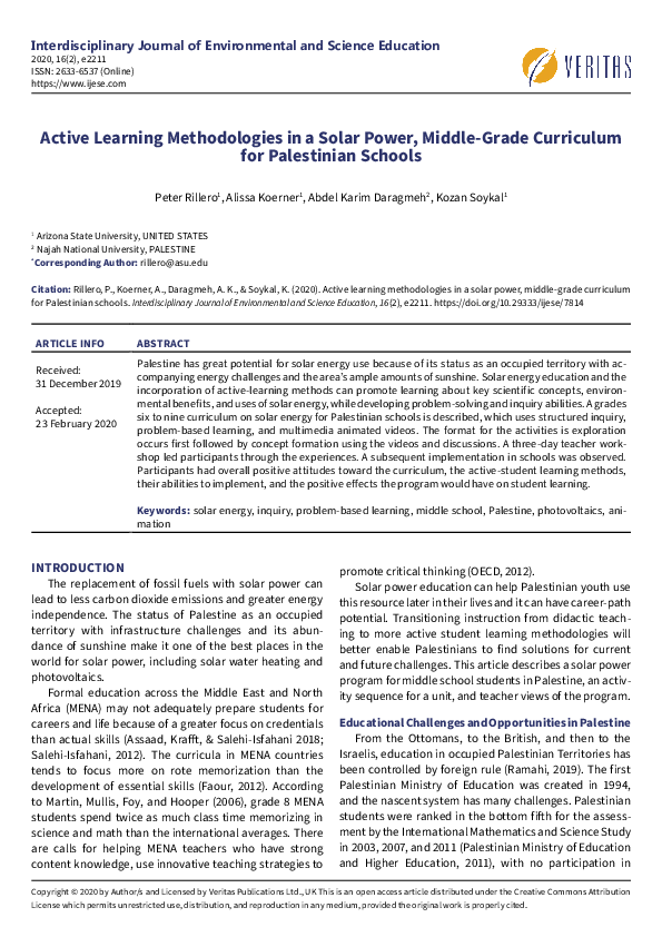 (PDF) Active Learning Methodologies in a Solar Power, Middle-Grade ...