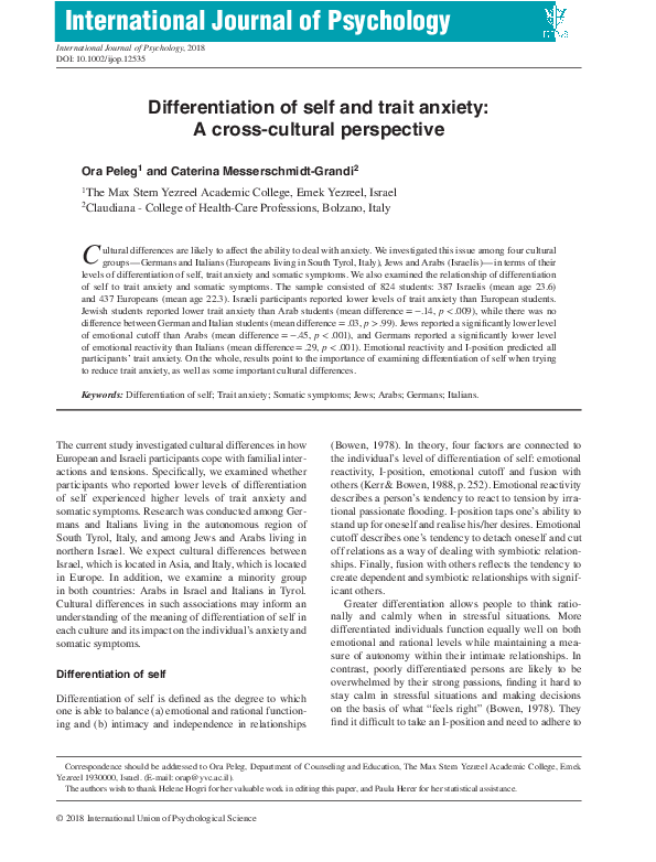 (PDF) Differentiation of self and trait anxiety: A cross‐cultural ...