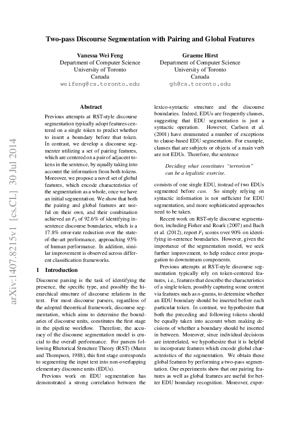 (PDF) Two-pass Discourse Segmentation with Pairing and Global Features
