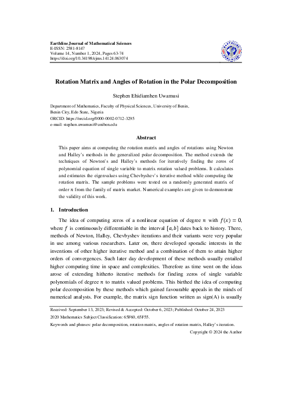 (PDF) Rotation Matrix and Angles of Rotation in the Polar Decomposition