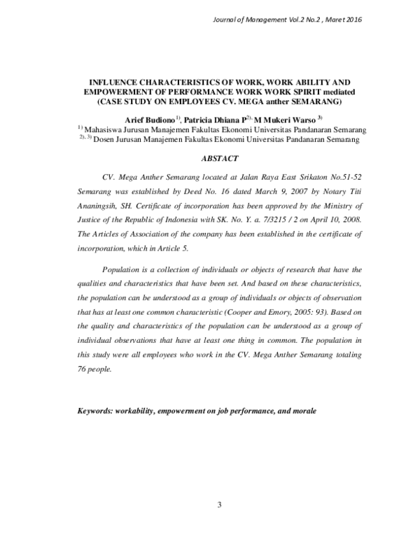 (PDF) INFLUENCE CHARACTERISTICS OF WORK, WORK ABILITY AND EMPOWERMENT ...