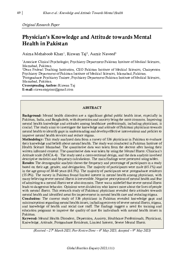 (PDF) Physician's Knowledge and Attitude towards Mental Health in Pakistan