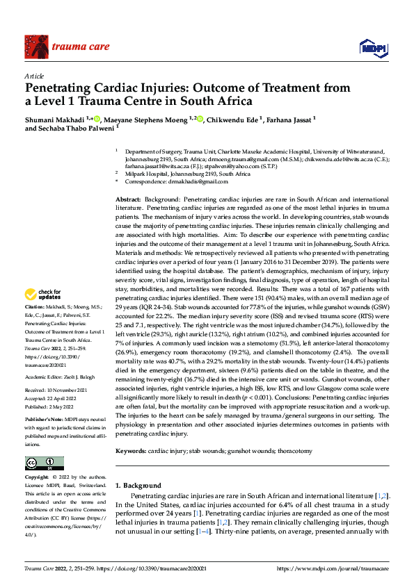 (PDF) Penetrating Cardiac Injuries: Outcome of Treatment from a Level 1 ...