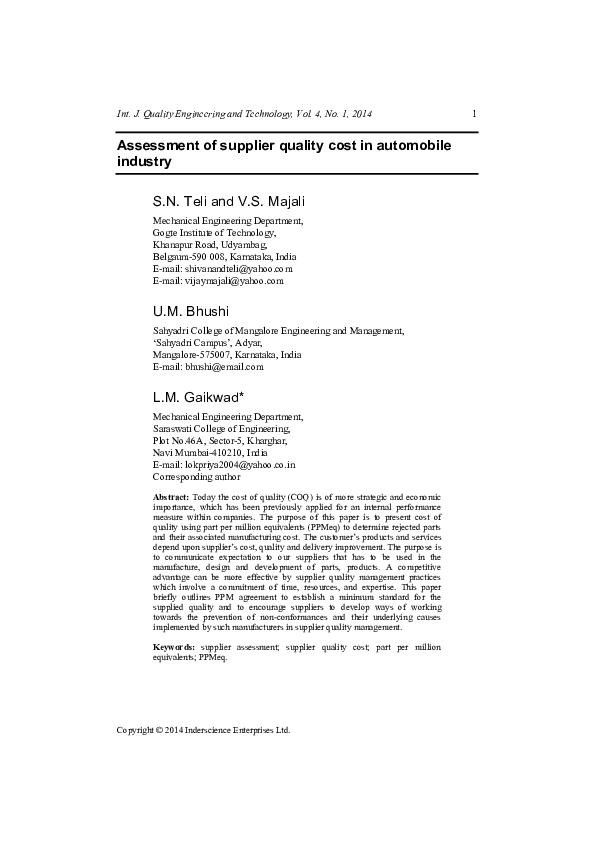 (PDF) Assessment of supplier quality cost in automobile industry