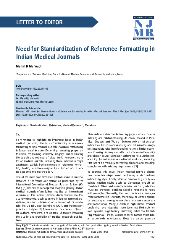 (PDF) Need for Standardization of Reference Formatting in Indian ...