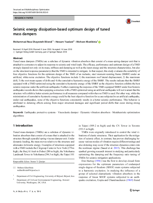 (PDF) Seismic energy dissipation-based optimum design of tuned mass dampers