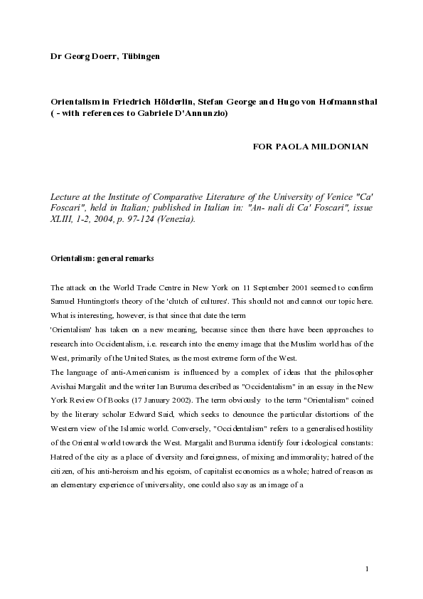 (PDF) Dr. Georg Doerr, Tübingen: Orientalism in Friedrich Hölderlin ...