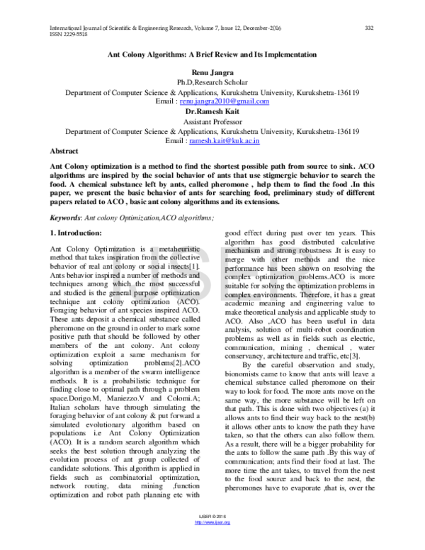 (PDF) Ant Colony Algorithms: A Brief Review and Its Implementation