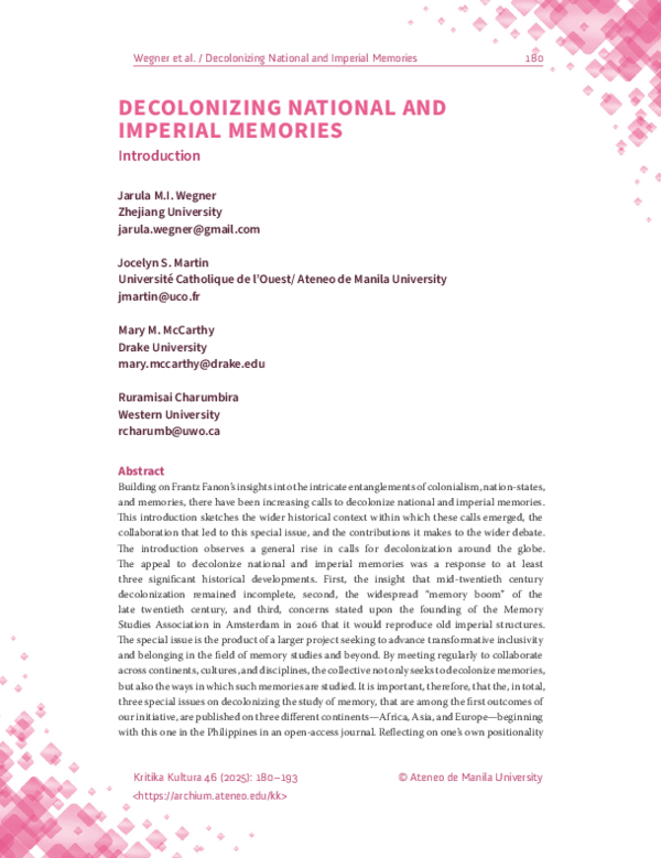 (PDF) Decolonizing National and Imperial Memories Introduction
