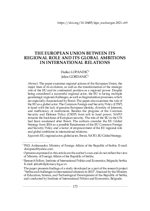 (PDF) The European Union Between Its Regional Role and Its Global ...
