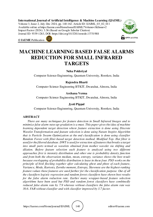 (PDF) MACHINE LEARNING BASED FALSE ALARMS REDUCTION FOR SMALL INFRARED ...