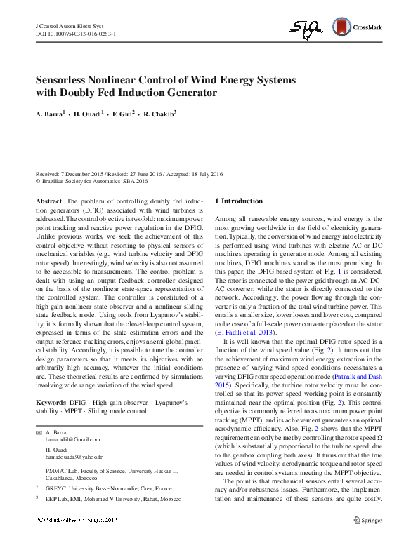 (PDF) Sensorless Nonlinear Control of Wind Energy Systems with Doubly ...