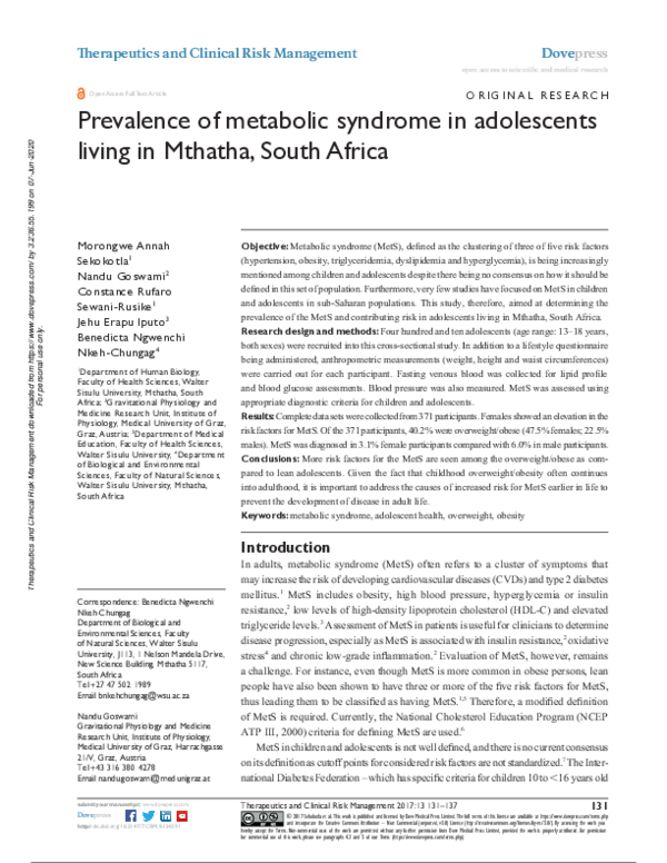 (PDF) Prevalence of metabolic syndrome in adolescents living in Mthatha ...