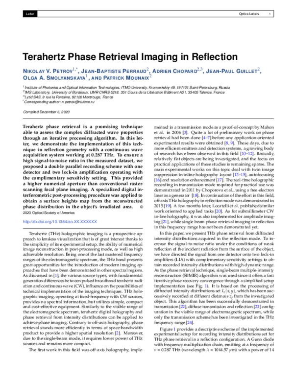 (PDF) Terahertz phase retrieval imaging in reflection