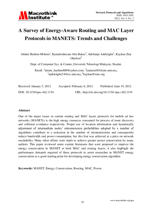 (PDF) A Survey of Energy-aware Routing protocols in Mobile Ad-hoc ...