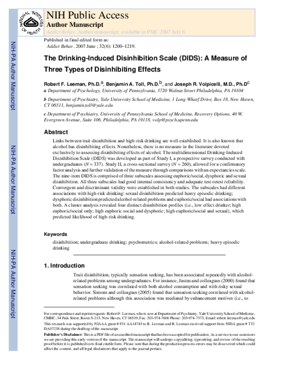 (PDF) The Drinking-Induced Disinhibition Scale (DIDS): A measure of ...