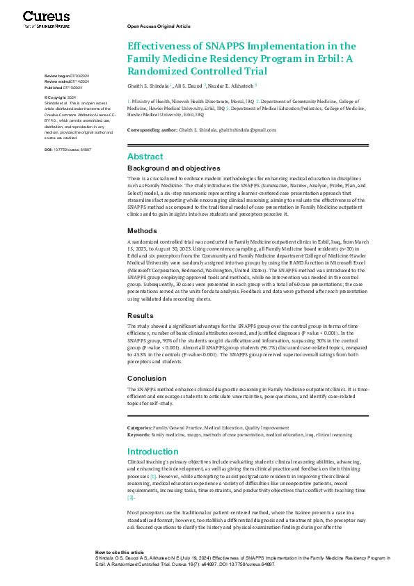 (PDF) 2024 Effectiveness of SNAPPS Implementation in the Family ...