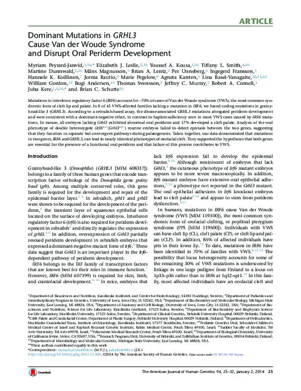 (PDF) Dominant Mutations in GRHL3 Cause Van der Woude Syndrome and ...