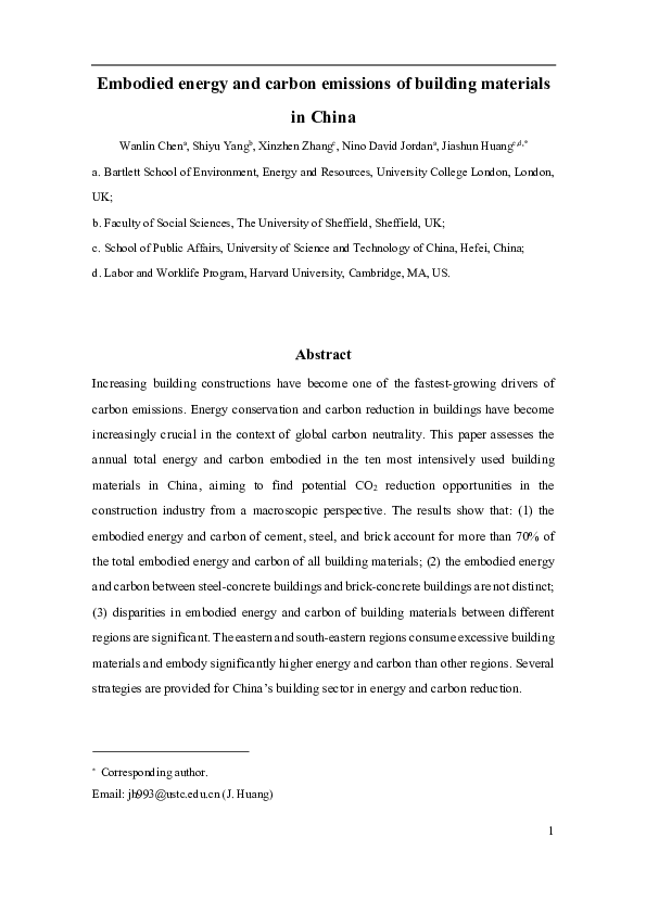 (PDF) Embodied energy and carbon emissions of building materials in China