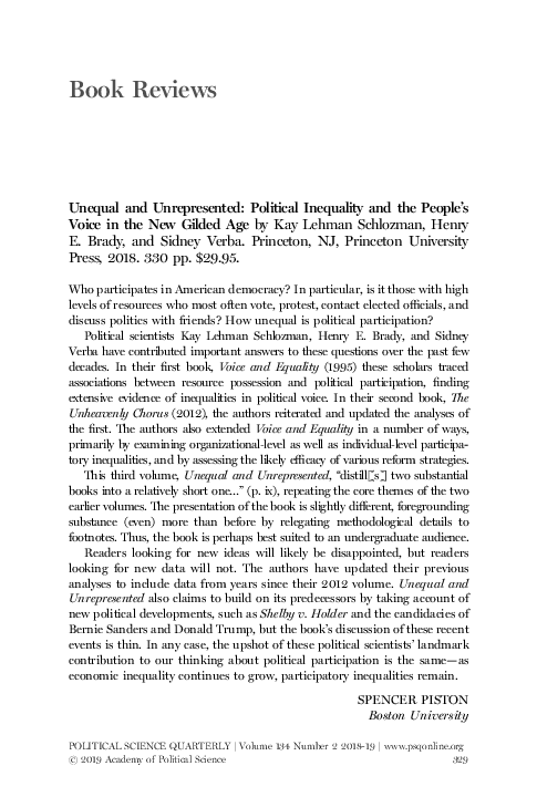 (PDF) Unequal and Unrepresented: Political Inequality and the People's ...