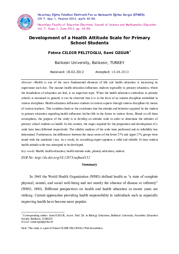 (PDF) Development of a Health Attitude Scale for Primary School Students