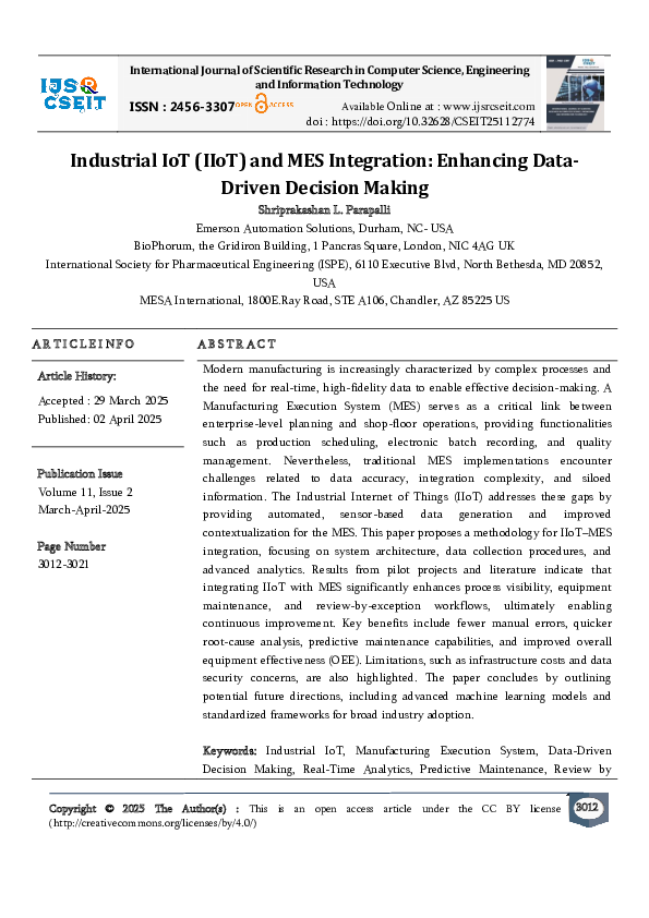 (PDF) Industrial IoT (IIoT) and MES Integration: Enhancing Data-Driven ...
