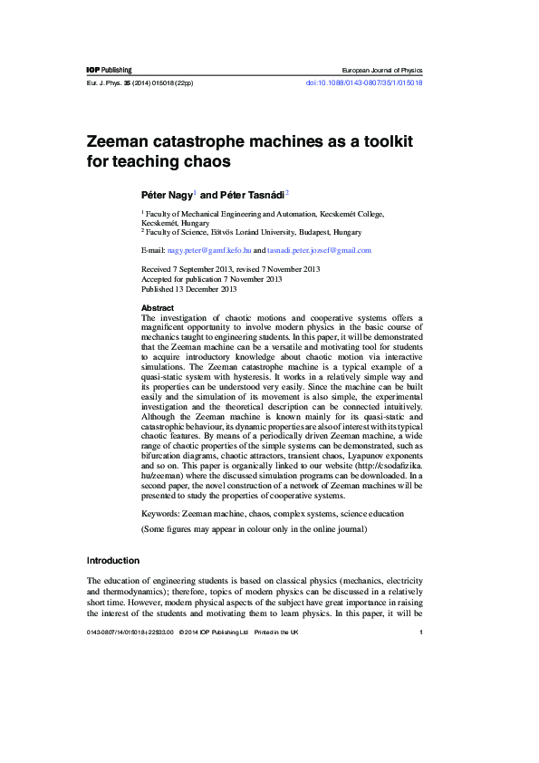 (PDF) Zeeman catastrophe machines as a toolkit for teaching chaos