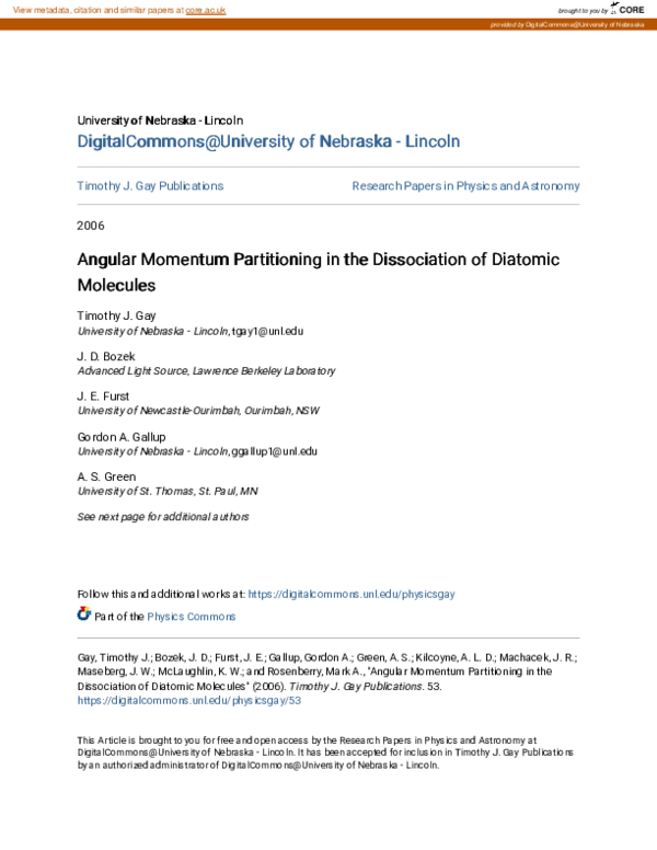 (PDF) Angular Momentum Partitioning in the Dissociation of Diatomic ...