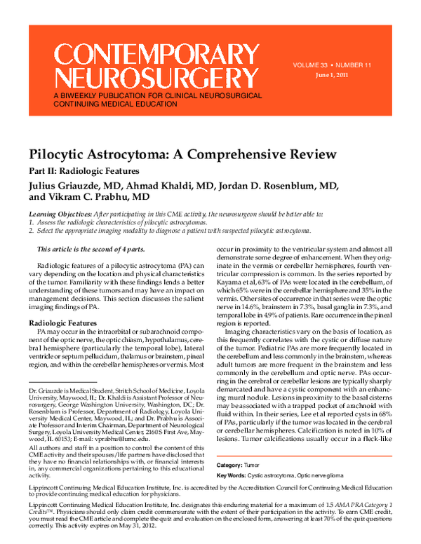 (PDF) Pilocytic Astrocytoma: A Comprehensive Review
