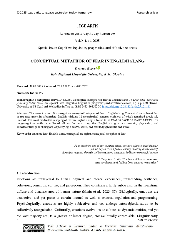 (PDF) CONCEPTUAL METAPHOR OF FEAR IN ENGLISH SLANG