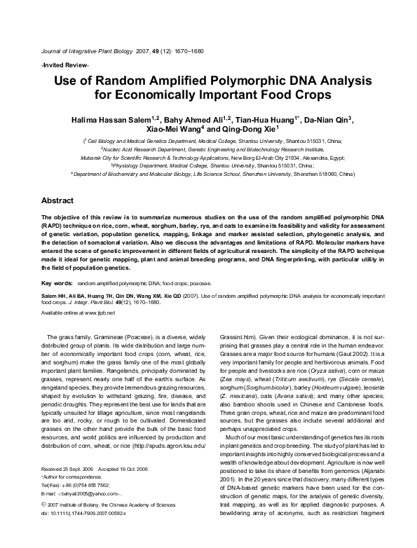 (PDF) Use of Random Amplified Polymorphic DNA Analysis for Economically ...