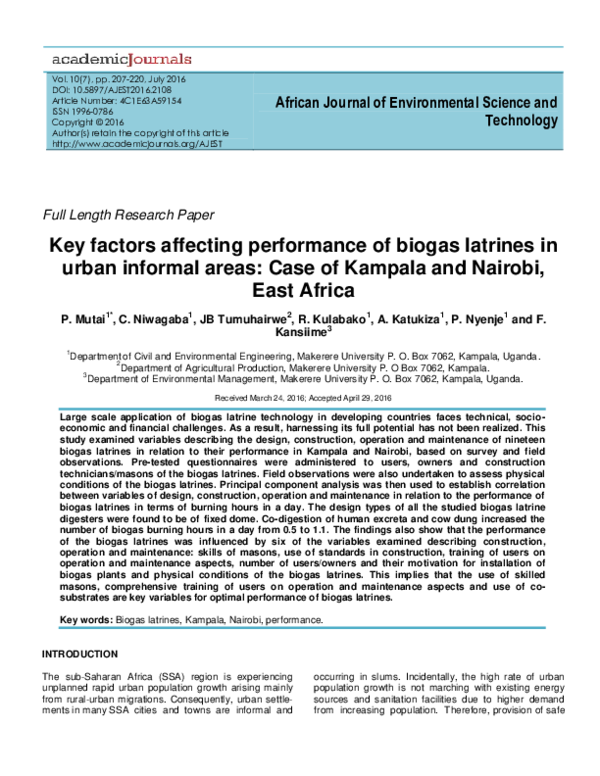 (PDF) Key factors affecting performance of biogas latrines in urban ...