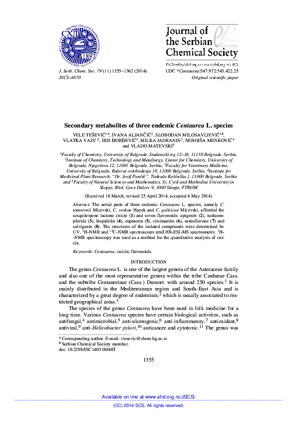 (PDF) Secondary metabolites of three endemic Centaurea L. species