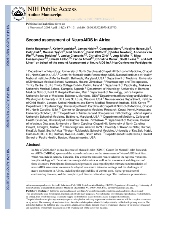 (PDF) Second assessment of NeuroAIDS in Africa