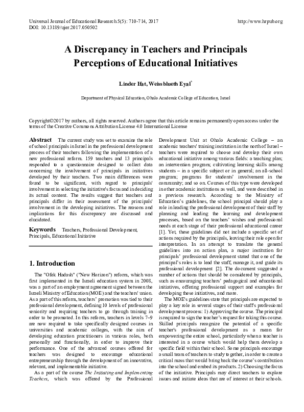 (PDF) A Discrepancy in Teachers and Principals Perceptions of ...